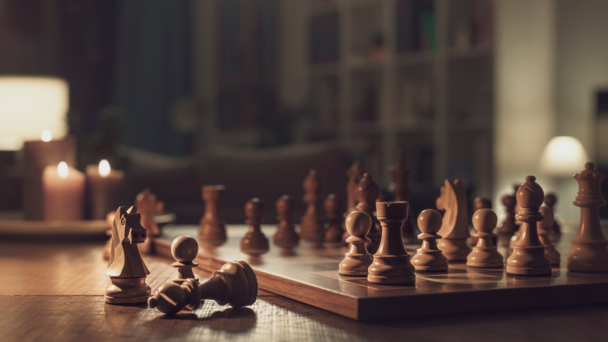Chess game with wooden chess set
