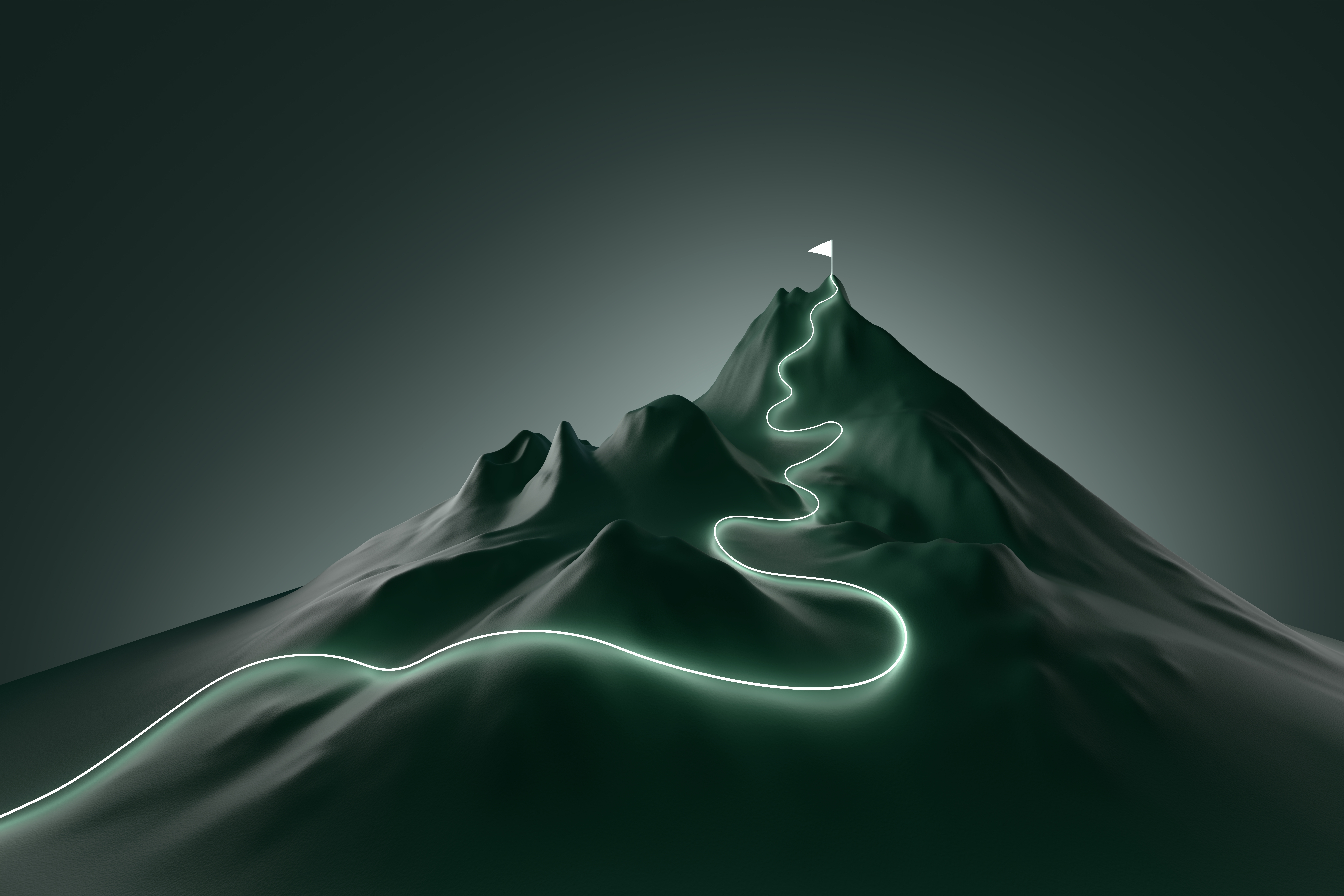 Glowing path leading to flag on peak of mountain